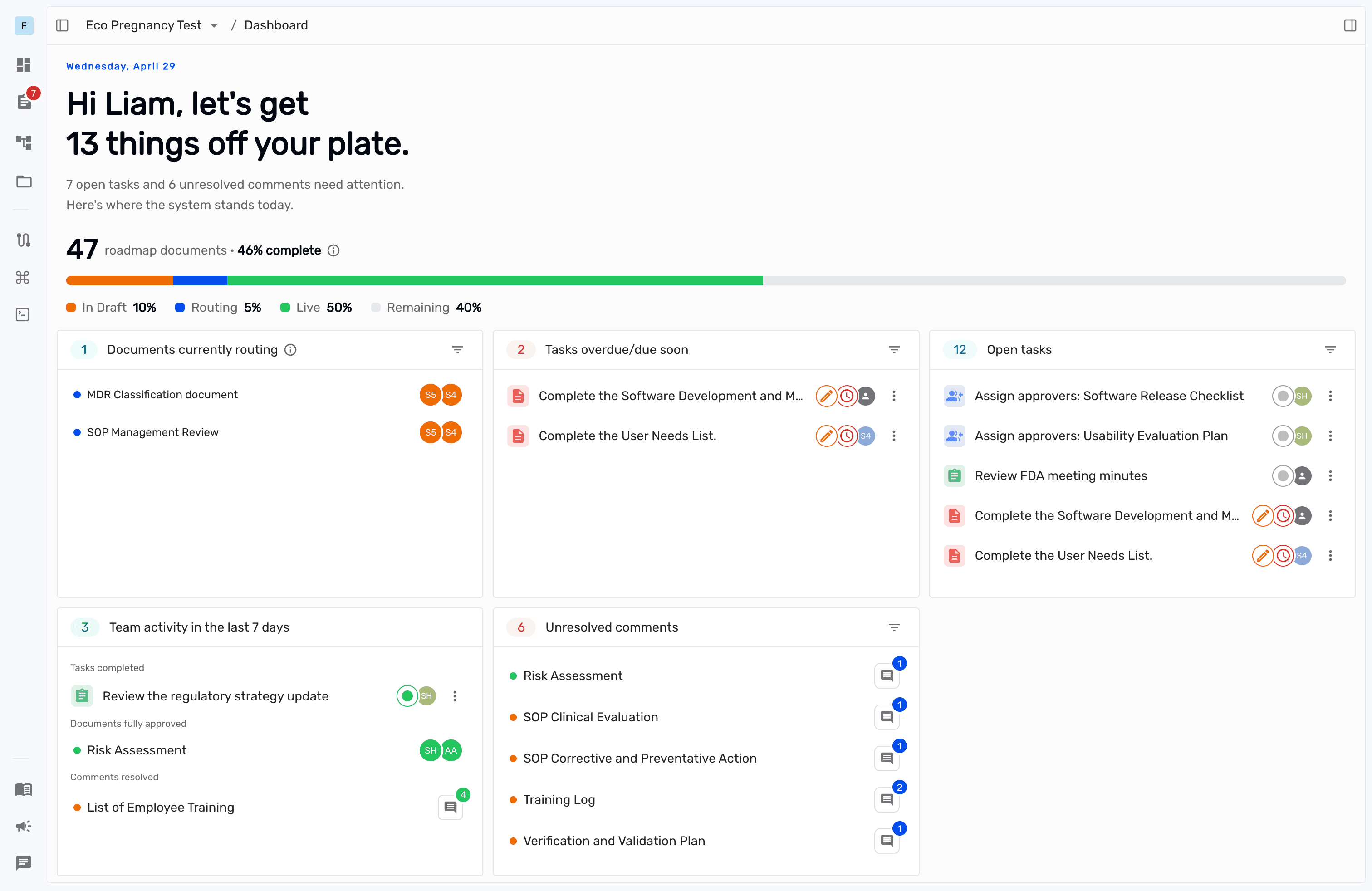 Dovetail dashboard showing regulatory documents, open tasks, team activity, and unresolved comments.